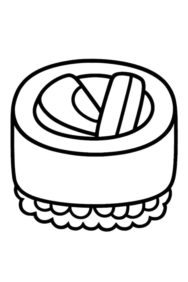Coloring page of a sushi roll featuring avocado, cucumber, and rice, highlighted with outlines for coloring