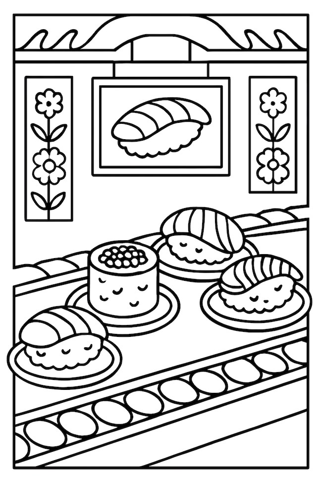 Coloring page of sushi rolls on a conveyor belt with decorative restaurant elements