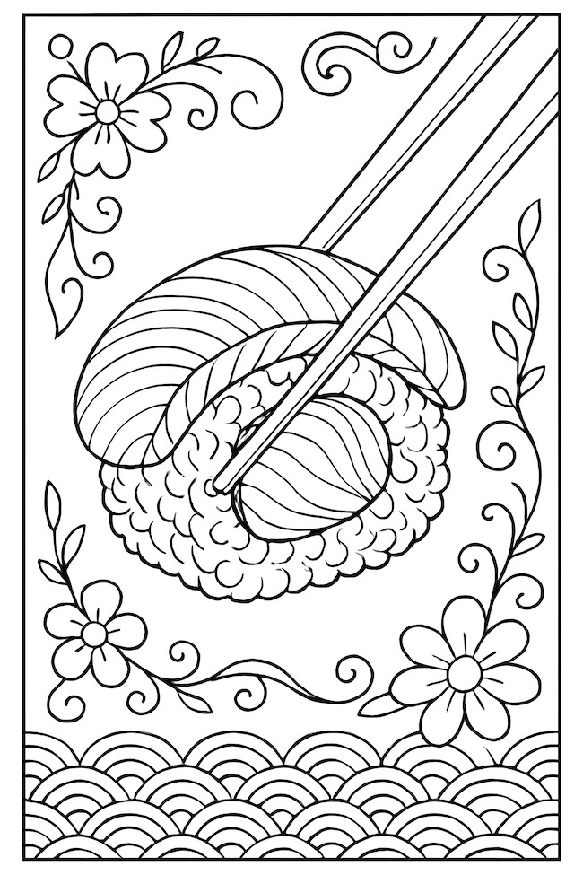 Coloring page of sushi being held by chopsticks amid floral and wave patterns
