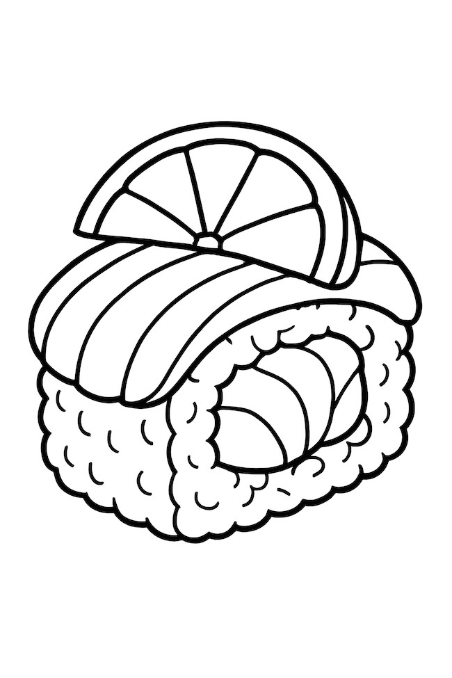 Coloring page of a piece of sushi topped with thinly sliced lemon and visible fish filling