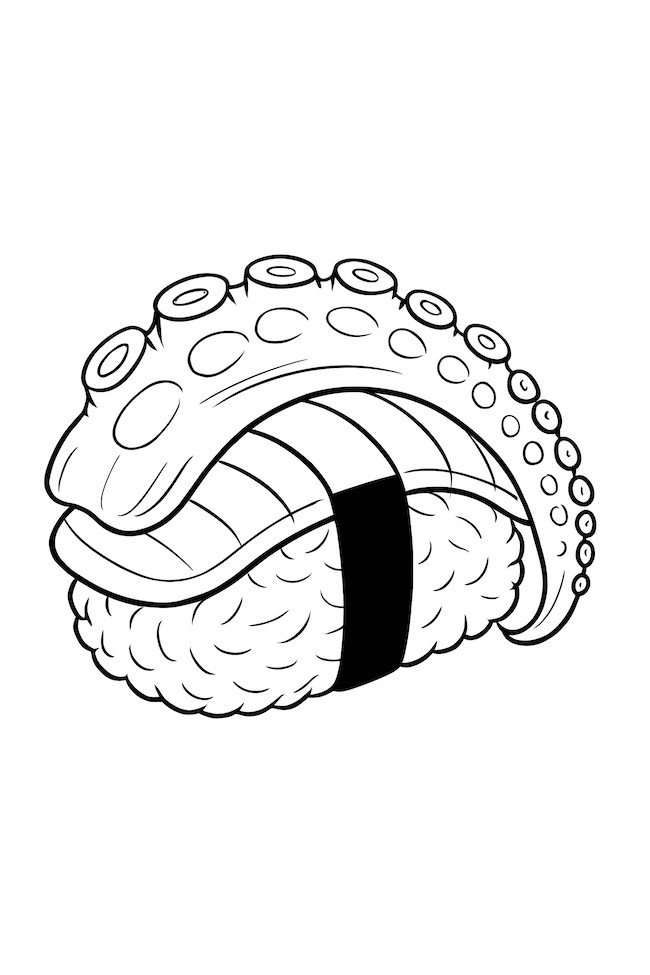 Coloring page of a sushi piece topped with a slice of octopus tentacle and wrapped in seaweed