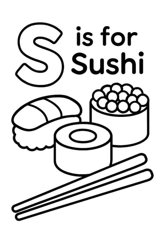 Illustration of the letter S followed by sushi types, including a sushi roll, a sushi piece, and a bowl of fish roe, along with chopsticks