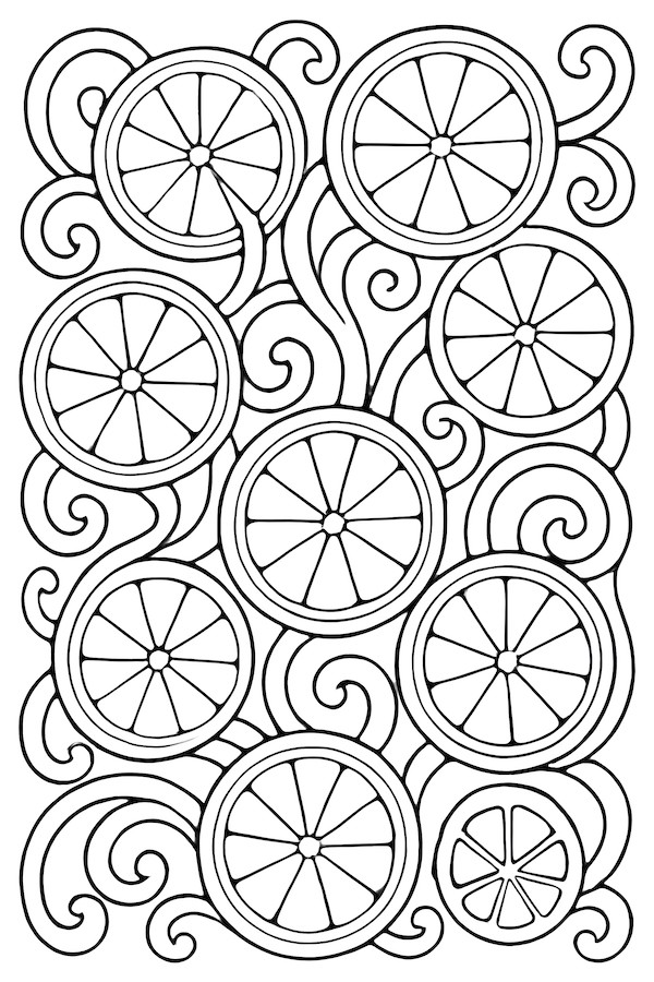 Coloring page featuring a pattern of swirling lemon slices intertwined throughout the design