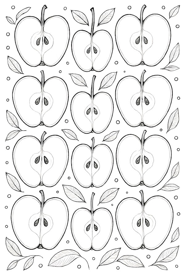 Coloring page of multiple apple halves arranged symmetrically with leaves and dots