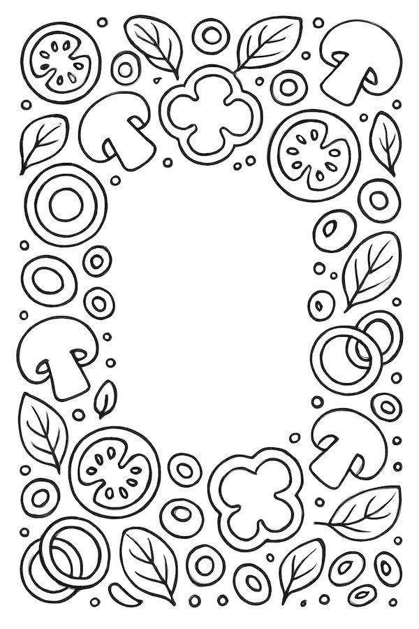 Coloring page of a symmetrical border featuring pizza toppings including mushrooms, olives, tomatoes, and green leaves