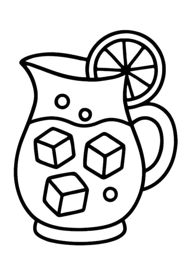 Coloring page of a tall pitcher filled with lemonade, ice cubes, and a lemon slice on the rim