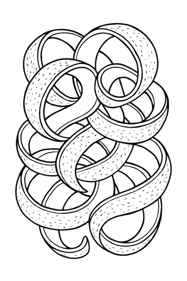 Coloring page featuring a tangle of lemon peels with textured surfaces and flowing shapes