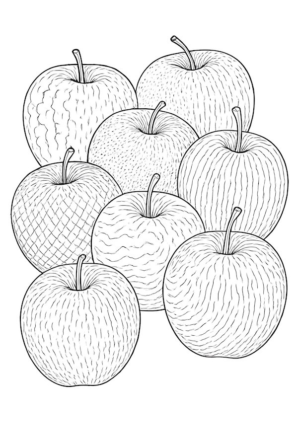 Coloring page of various apples with distinct textures, including smooth, wavy, and netted skins