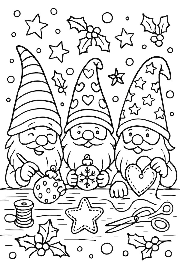 Coloring page of three gnomes crafting holiday ornaments with playful expressions, surrounded by stars and holly
