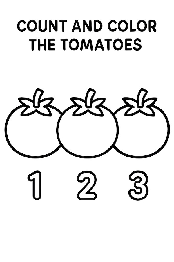 Coloring page of three tomatoes in a row, numbered 1, 2, and 3, with distinct stems