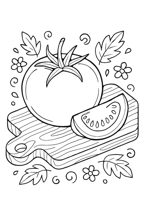 Coloring page of a tomato on a wooden cutting board with a slice and decorative leaves and flowers