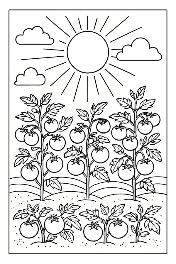 Coloring page of tomato plants with ripe tomatoes, under a bright sun with clouds