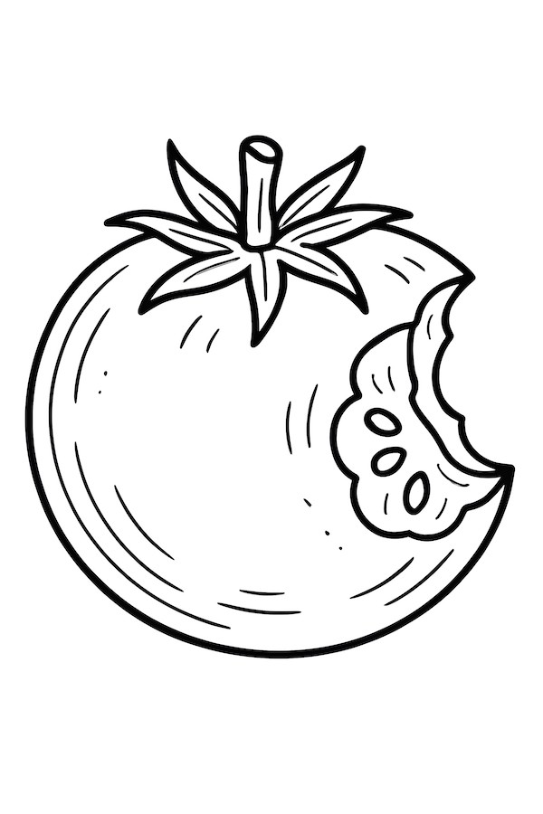 Coloring page of a red tomato with a bite taken out, featuring green leaves on top