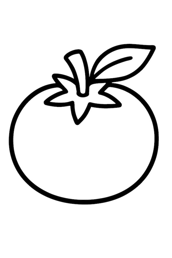 Coloring page of a tomato with a small leaf attached, featuring rounded shape and defined lines