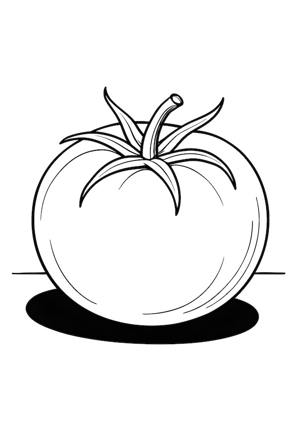 Coloring page of a ripe tomato with detailed stem and shadow cast on a surface