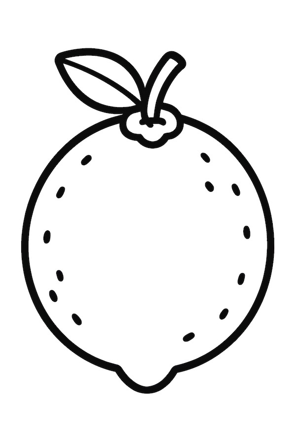 Coloring page of a top view illustration of a lemon with a leaf and dotted texture