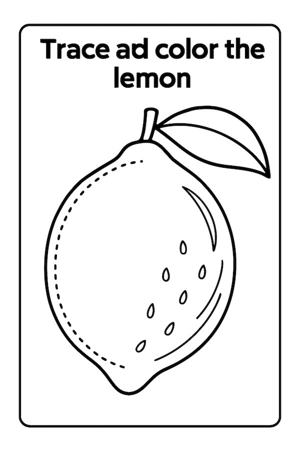Coloring page of a lemon with a dotted outline for tracing and a leaf attached