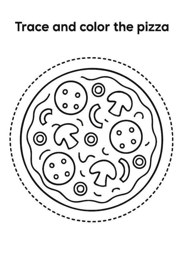 Coloring page of a round pizza with a dotted traceable outline featuring pepperoni, mushrooms, and bell peppers
