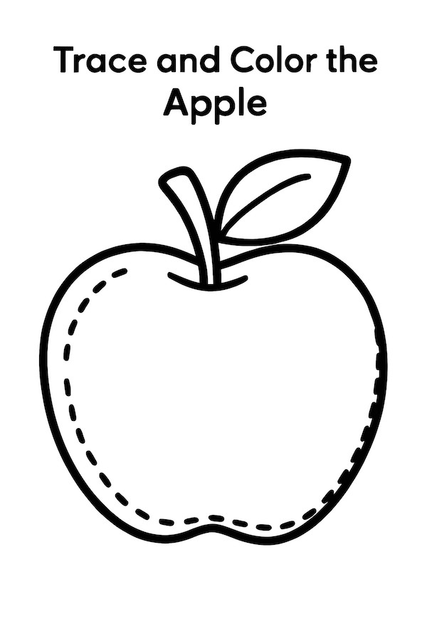 Coloring page of a simple apple with a dotted traceable outline and a leaf on top