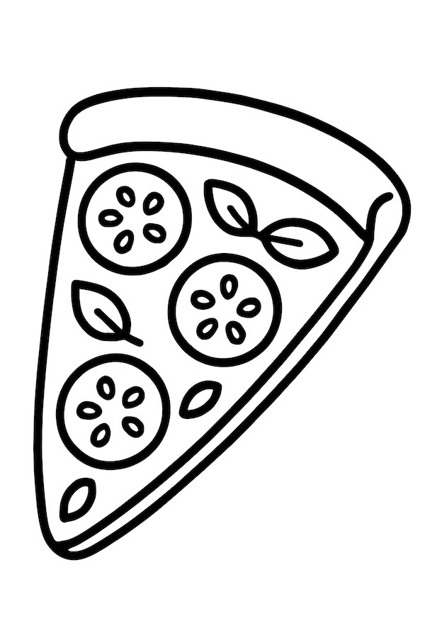 Coloring page of a margherita pizza slice featuring pepperoni, tomato slices, and basil leaves