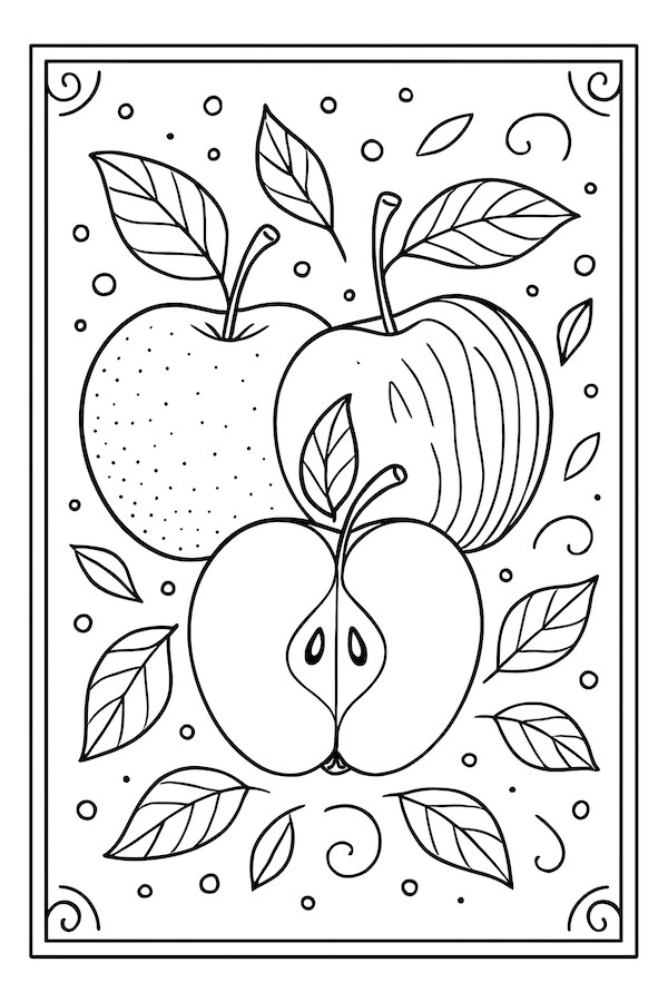 Coloring page featuring three distinct apples with varying textures and leaves in a decorative arrangement