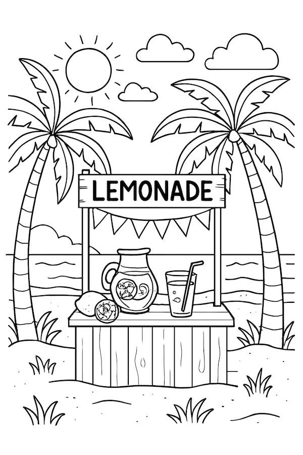 Coloring page of a tropical beach scene featuring a lemonade stand with a pitcher and glass by the shore under palm trees