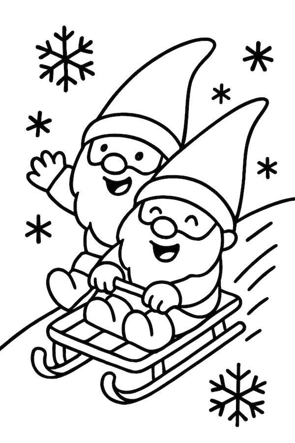Coloring page of two gnomes sledding down a snowy hill, surrounded by snowflakes and waving with joyful expressions.