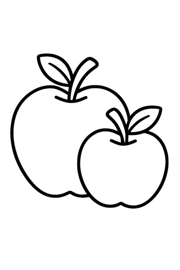 Coloring page of two apples touching, with one apple larger than the other and distinct leaf designs