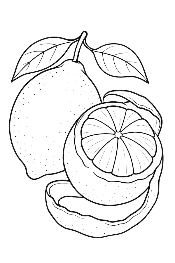 Coloring page of an unpeeled lemon beside a peeled lemon halves, showcasing their textures and details.