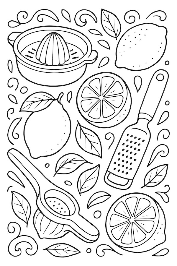 Coloring page featuring various lemon-themed items including lemons, juicers, zesters, and leaves surrounding them