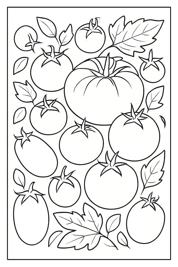 Coloring page of a variety of tomatoes in different shapes and sizes, with leaves included