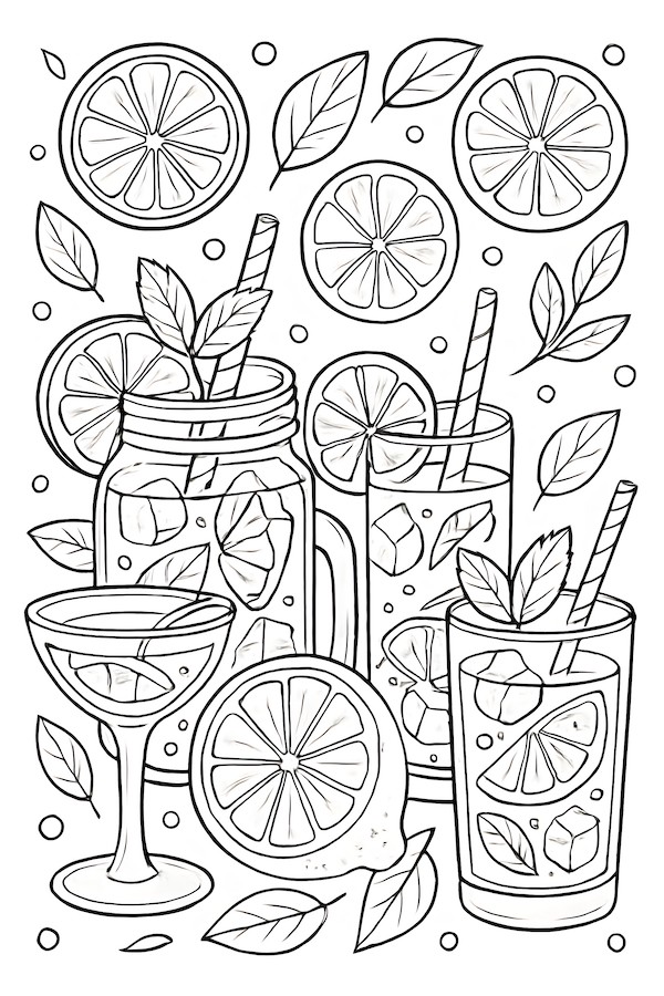 Coloring page featuring an assortment of lemonade glasses, garnished with mint leaves and lemon slices, alongside decorative leaves and lemon halves