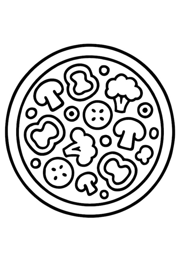 Coloring page of a round pizza topped with mushrooms, broccoli, bell peppers, and circular slices of tomato