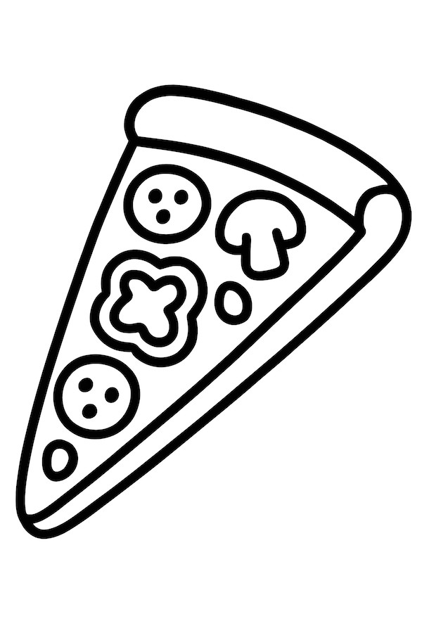 Coloring page of a slice of pizza topped with mushrooms, green peppers, and olives