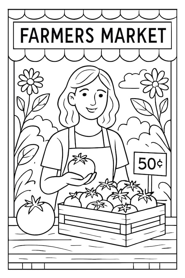 Coloring page of a vendor holding a tomato at a farmers market, surrounded by flowers and a sign indicating price