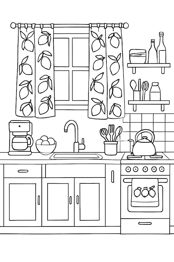 Coloring page of a bright kitchen featuring lemon print curtains, a coffee maker, and kitchen utensils neatly arranged on shelves