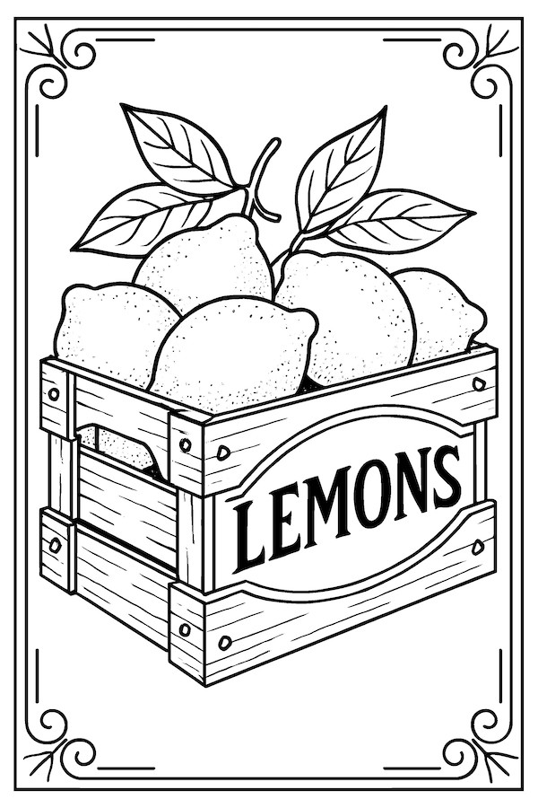 Coloring page of a vintage wooden box filled with lemons, featuring leafy branches and the word 'LEMONS' on the front.