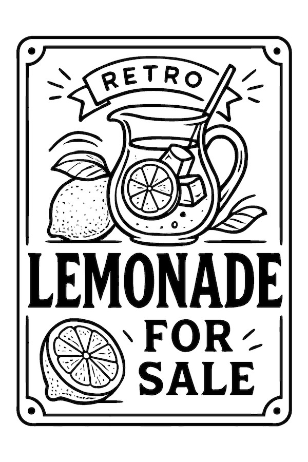 Coloring page of a retro lemonade sign featuring a pitcher, ice cubes, lemon slices, and a lemon fruit