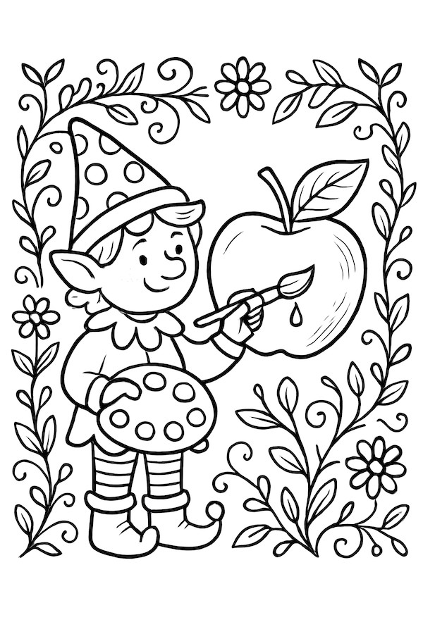 Coloring page of a whimsical character in a pointed hat painting a large apple with a paintbrush, surrounded by flowers and decorative vines