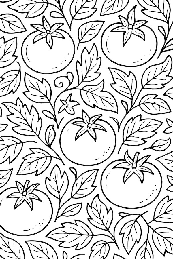 Coloring page of a whimsical pattern featuring tomatoes and leaves in a repeat design