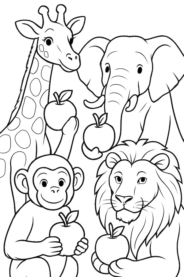 Coloring page of a giraffe, elephant, monkey, and lion, each holding an apple in their hands