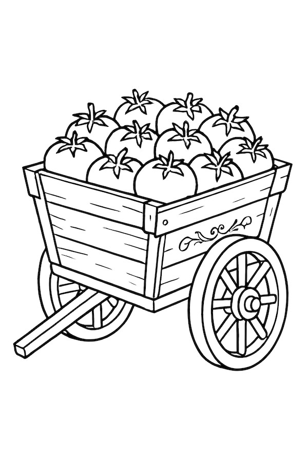 Coloring page of a wooden cart filled with fresh tomatoes, showcasing details of the cart's structure and wheels