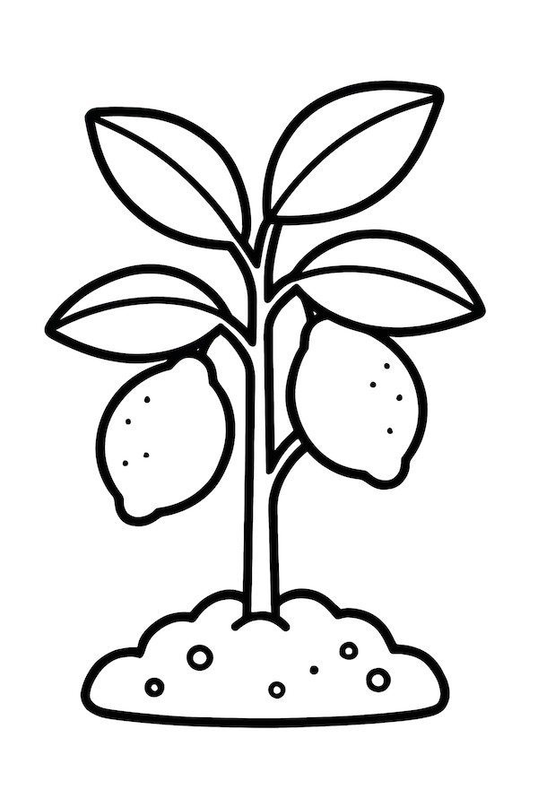 Coloring page of a small lemon tree sapling with two lemons hanging from its branches and leaves above