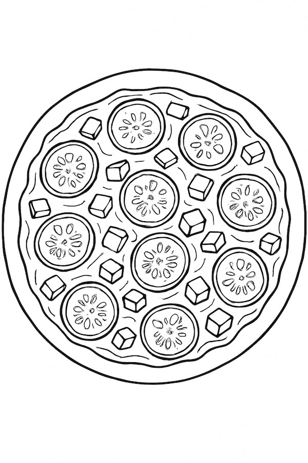 Coloring page of a round pizza topped with slices of zucchini and cubes of feta cheese